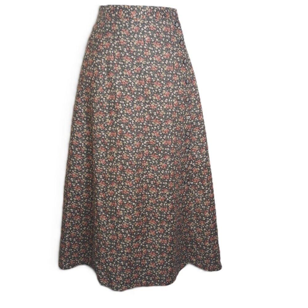 Cottagecore Linen Blend Calico Floral Midi Skirt & Vest Set Green Preppy - Picture 7 of 10